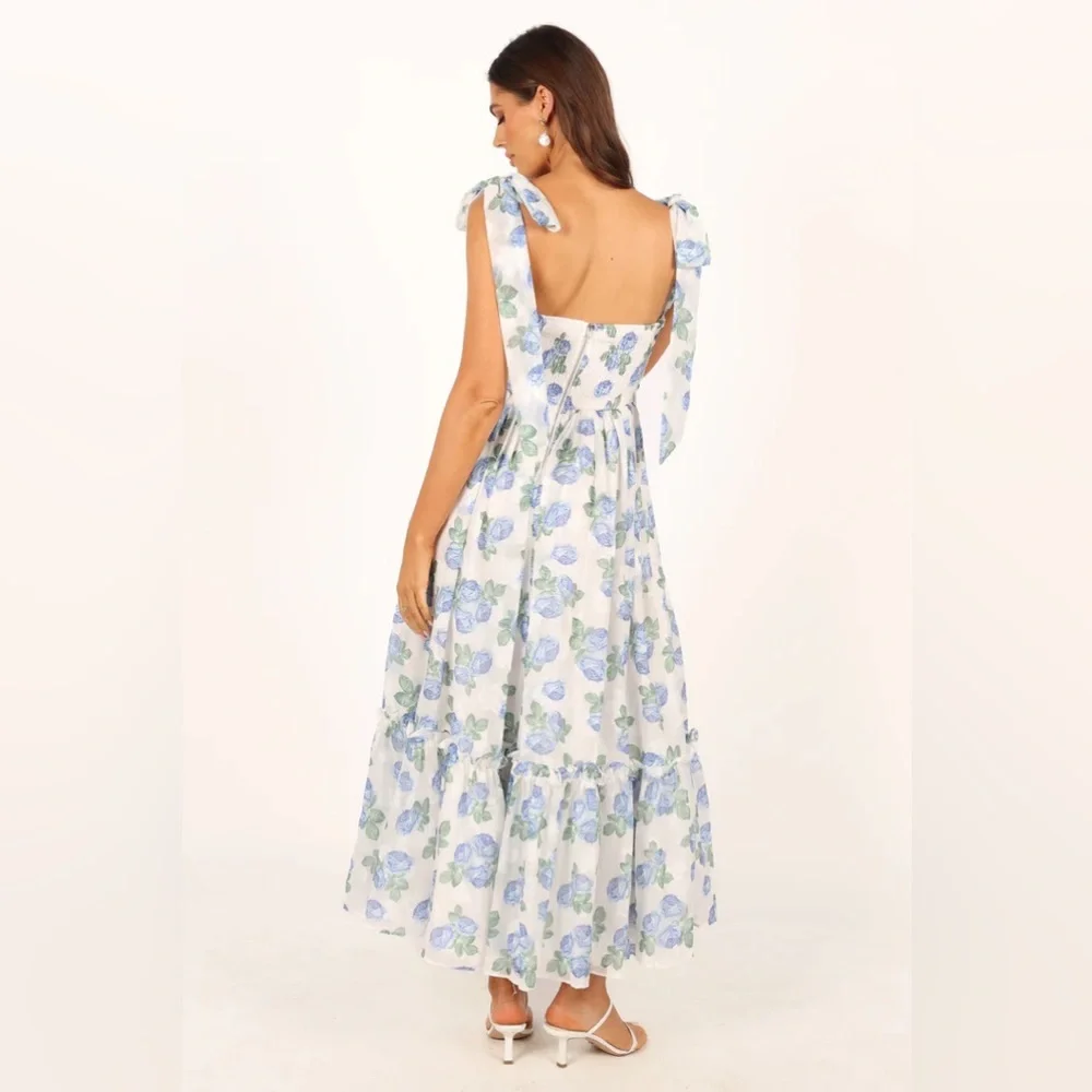 Petal & Pup White Midi Dress with Blue Floral Print
